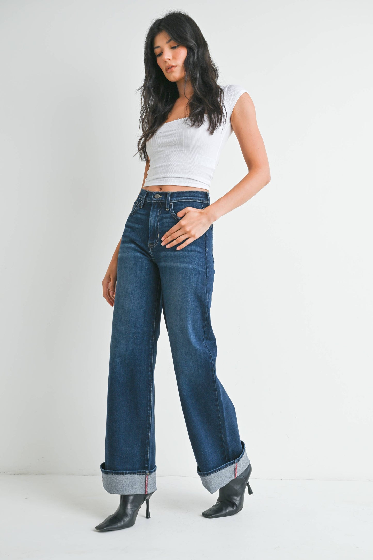 Cuffed Palazzo Denim - Dark