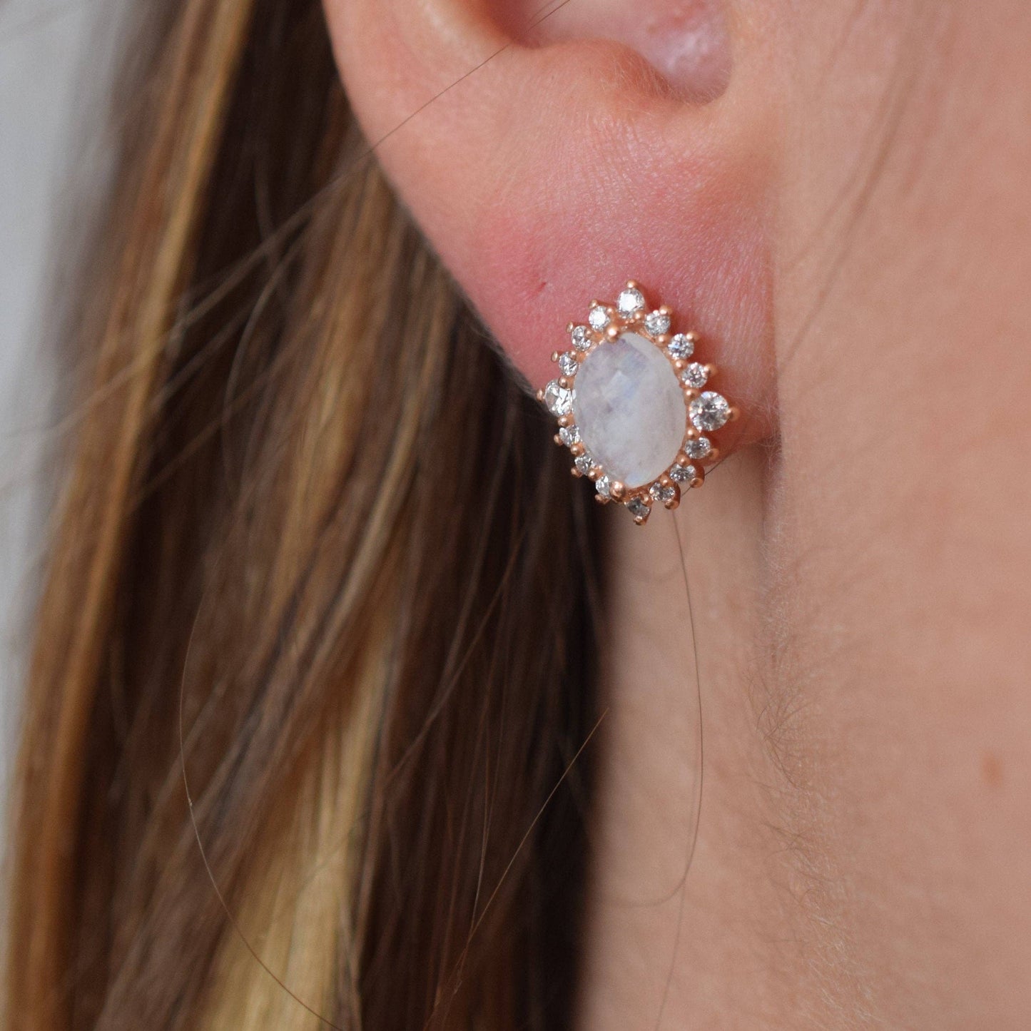Rose Gold Rainbow Moonstone and Diamond Flowerburst Studs