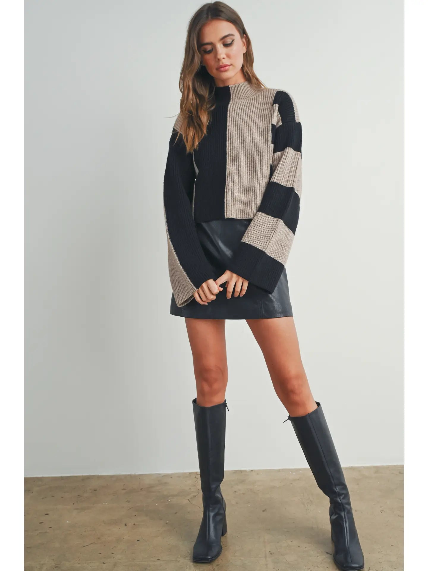 Color Block Mock Turtleneck Sweater