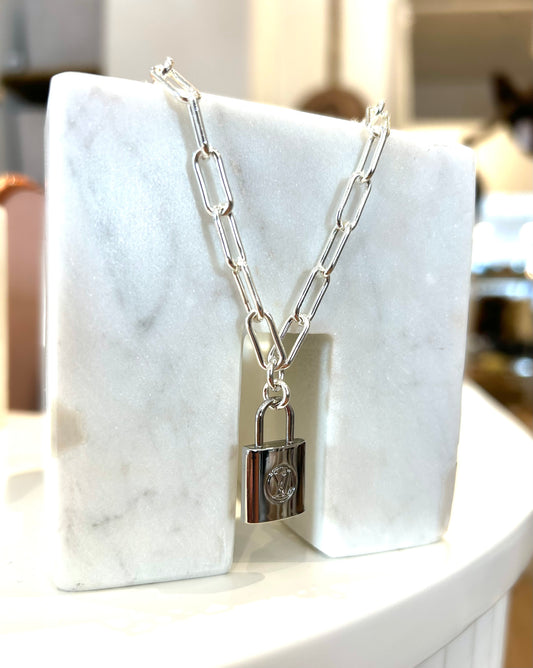 Silver LV Lock Chain Necklace