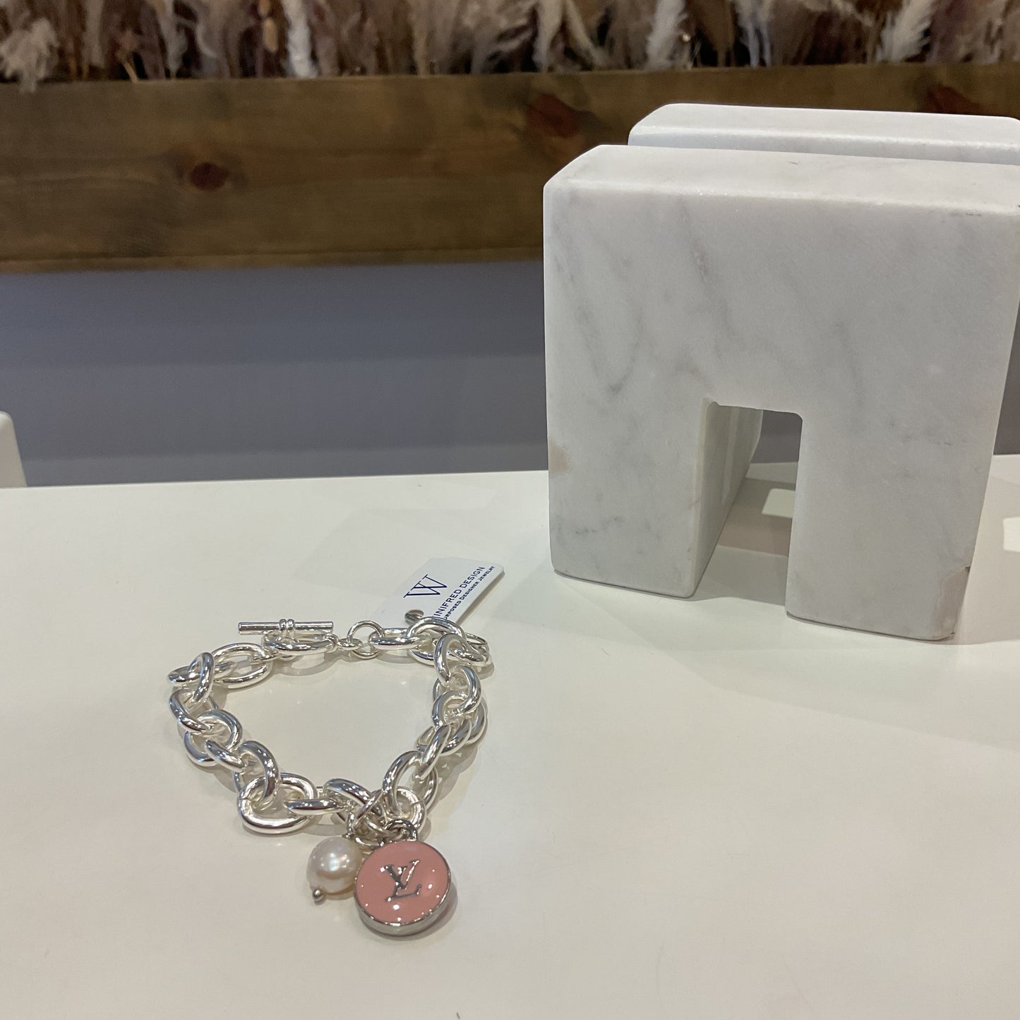Silver Rolo Bracelet - Pink LV and Pearl