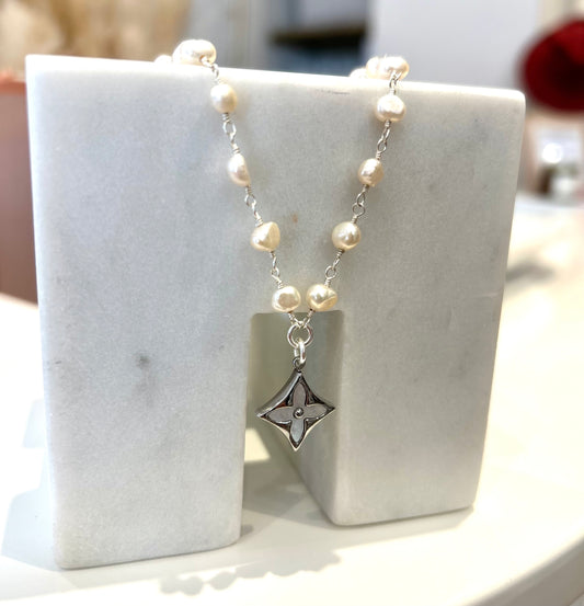 LV Square Flower w/ Silver Freshwater Pearl Necklace