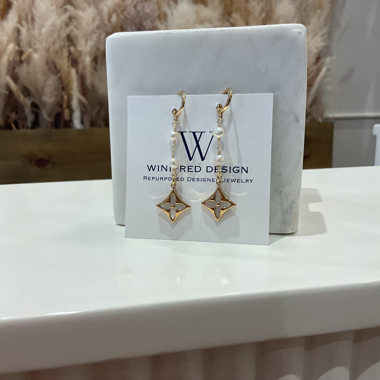 LV Triangle Clover Dangle Huggies w/ Pearl Drop