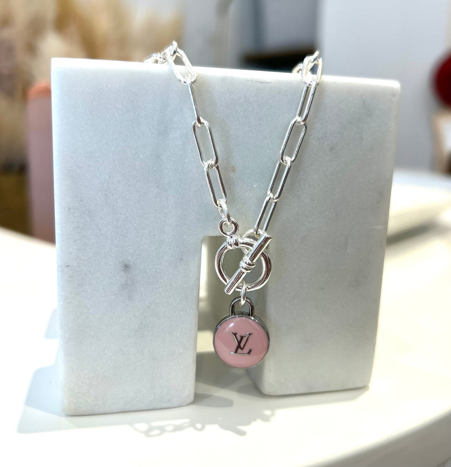 Pink LV Silver Paperclip Necklace