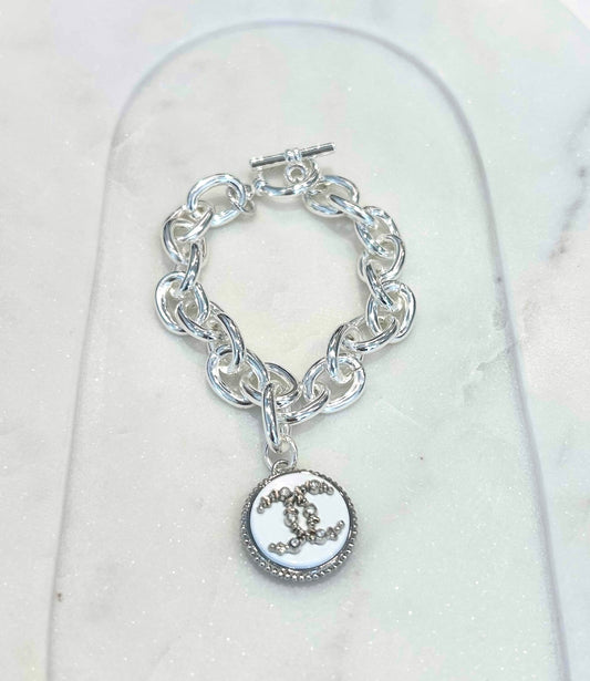 White Rhinestone Chanel Rolo Bracelet - Silver