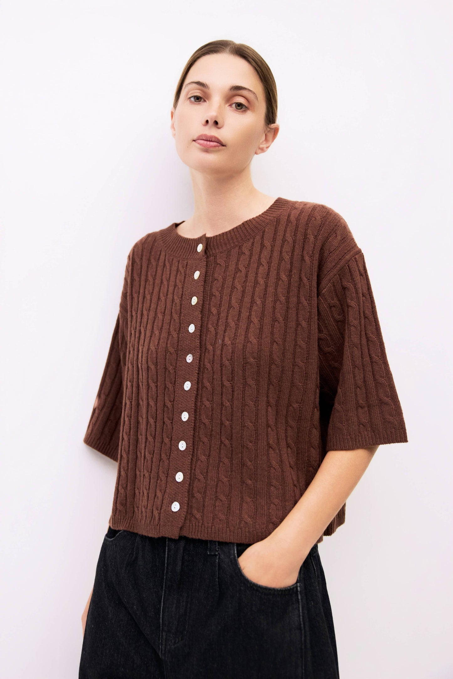 The Poppy Cardigan | Cable Knit Elbow Sleeve Cardigan