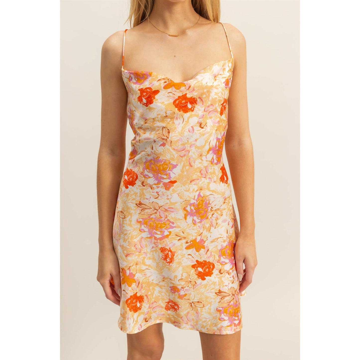 Floral Cowl Neck Flirty Satin Mini Dress