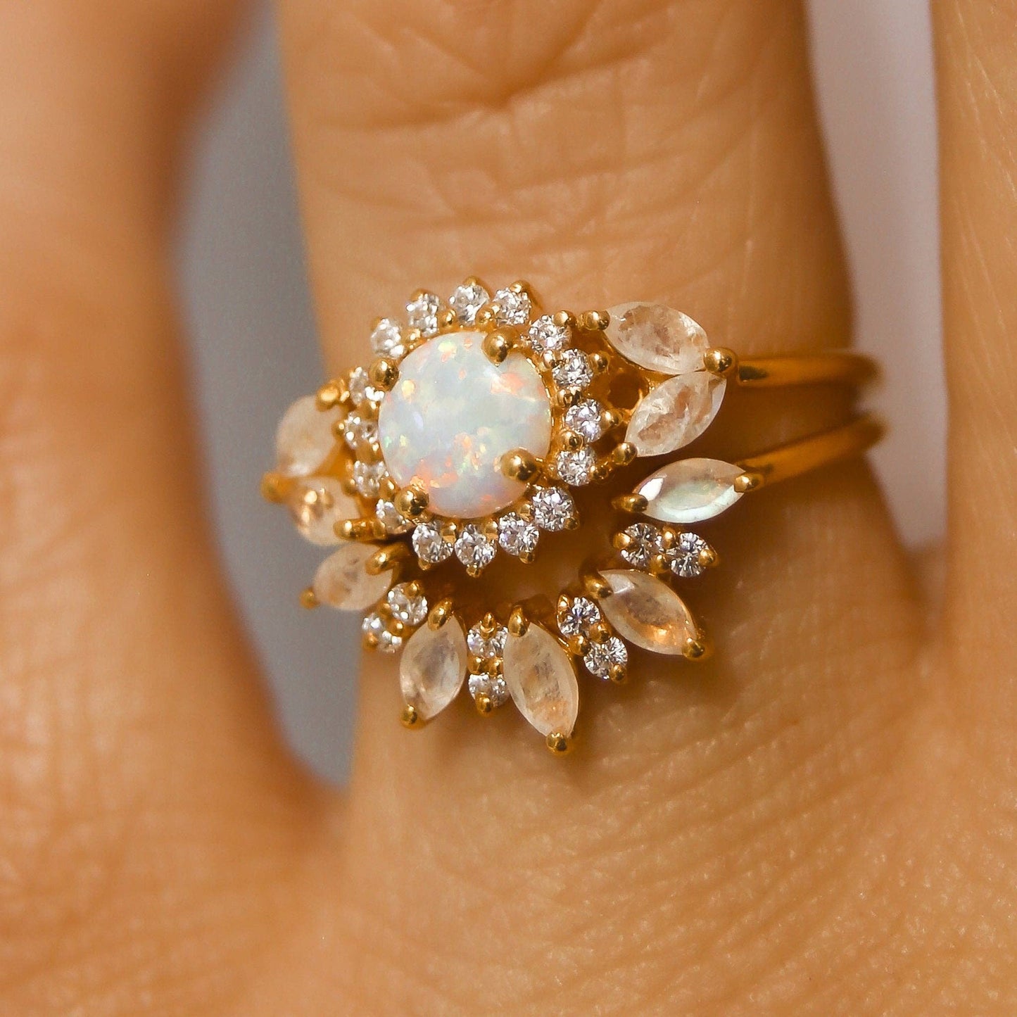 Rainbow Moonstone & Diamond Sunrise Arc Ring