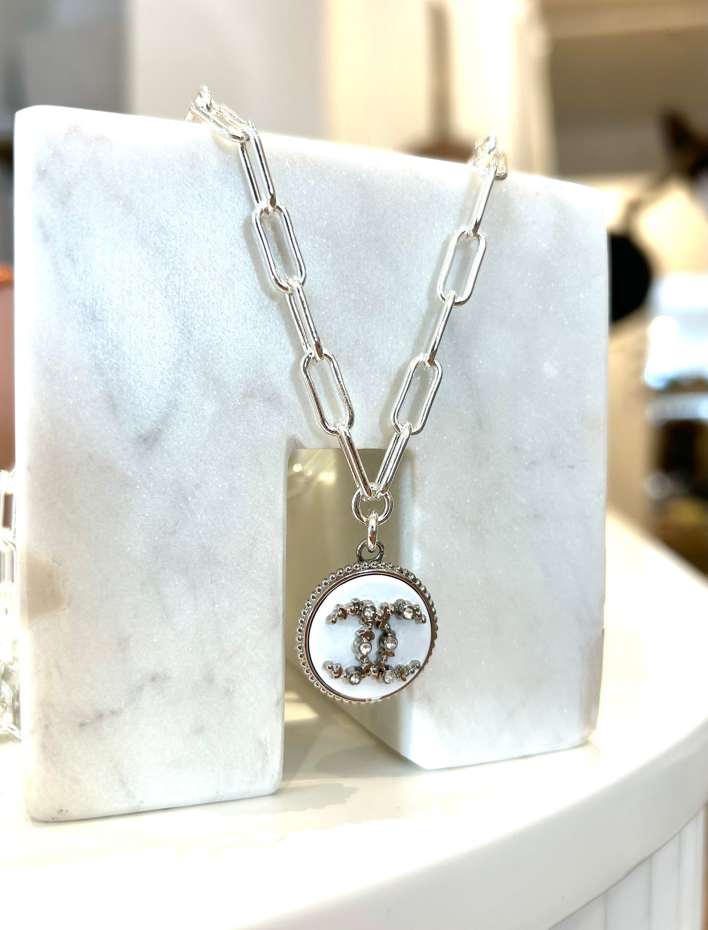 White/Silver Jewel Chanel Paperclip Necklace
