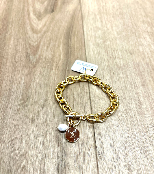 Brown LV Chunky Bracelet w/ Freshwater Pearl