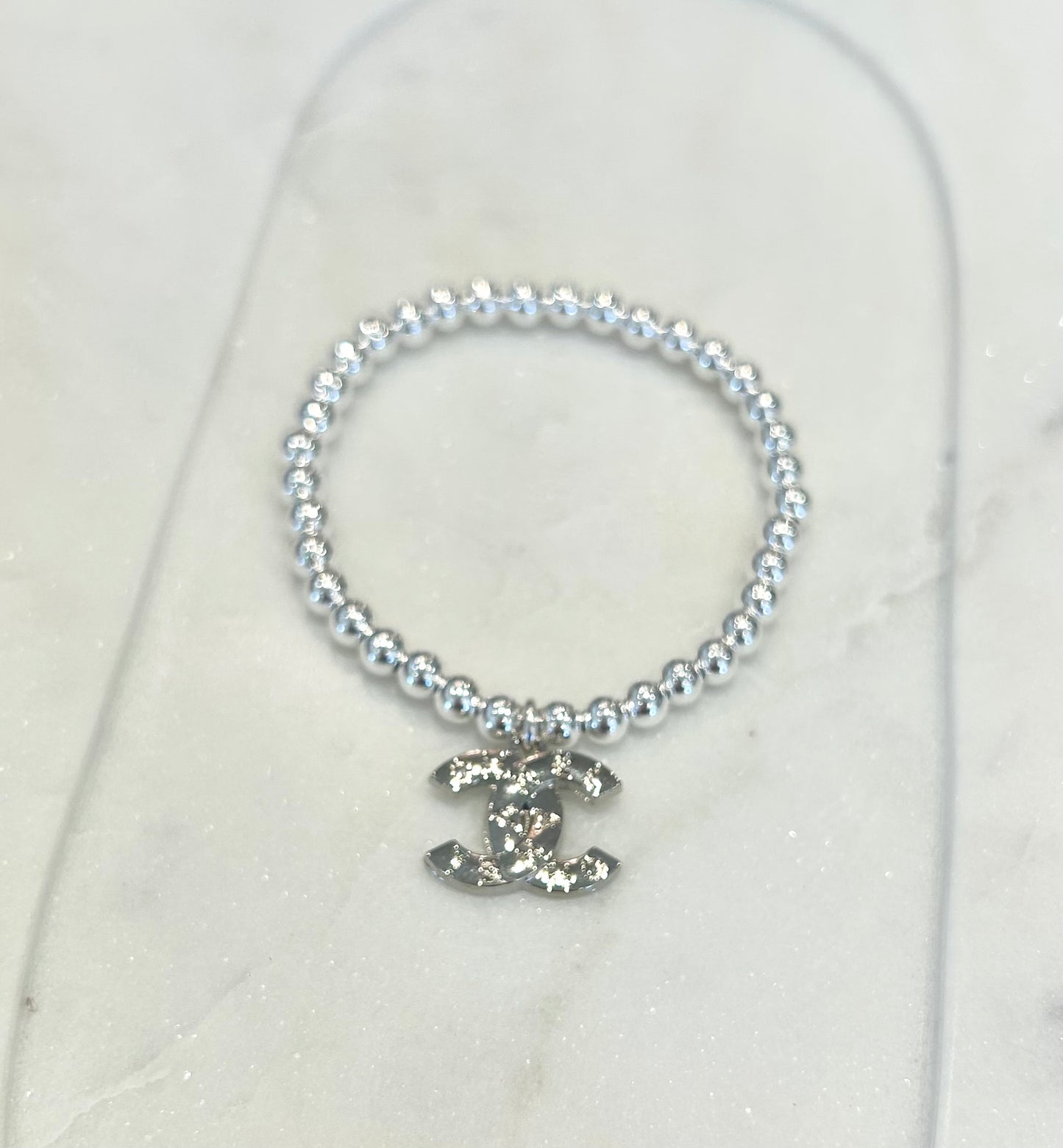 Engraved Chanel Stretch Bracelet - Silver