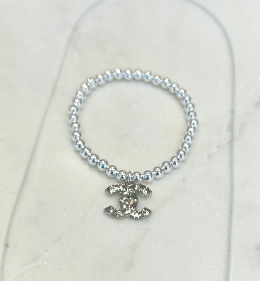 Engraved Chanel Stretch Bracelet - Silver