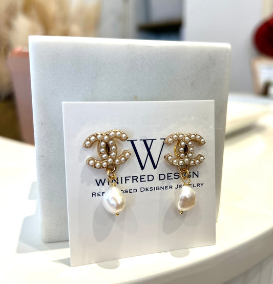 Gold Chanel Pearl Earrings w/ Pearl Drop