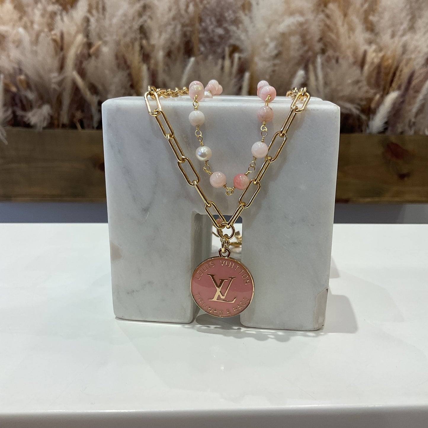 Gold/Coral LV Paperclip Bead Necklace