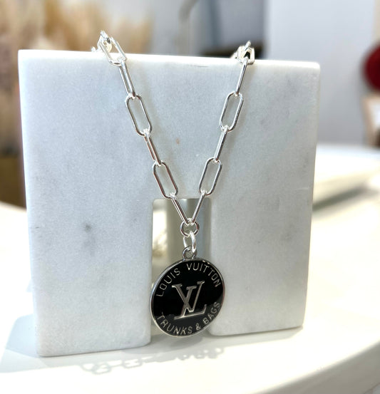 Black LV Trunks & Bags Silver Paperclip Necklace