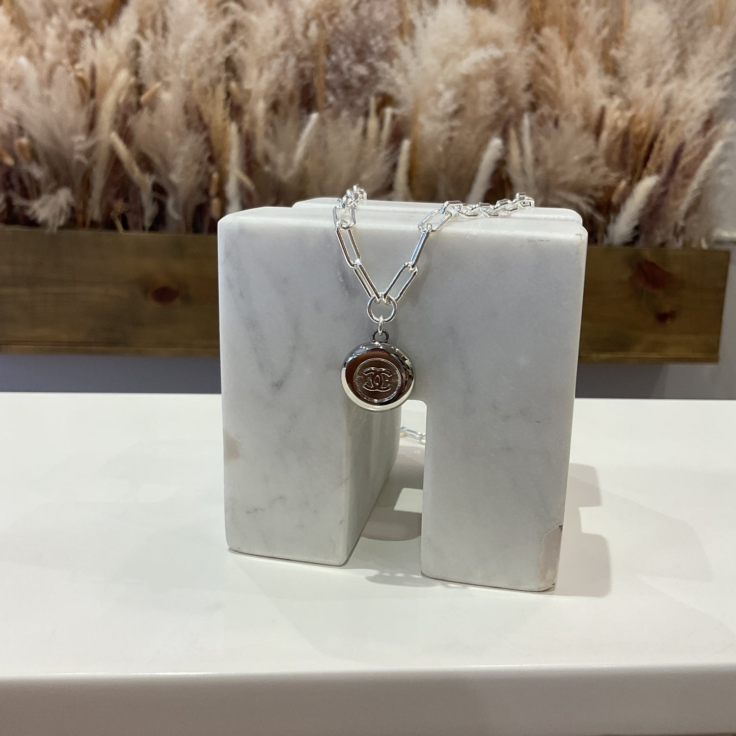 Silver CC Button Paperclip Necklace