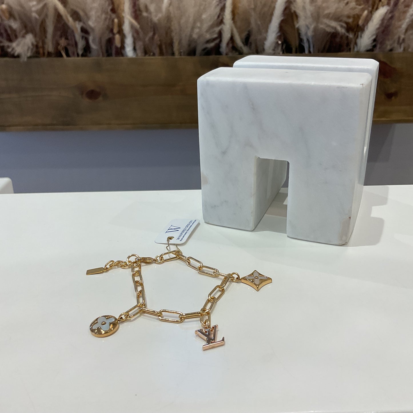 Gold Paperclip Bracelet - MOP LV Pendants