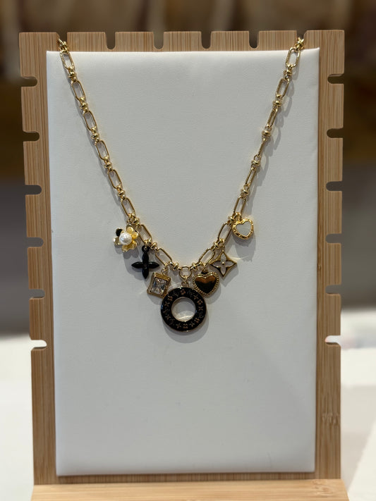 Black LV Chunky Gold Charm Necklace