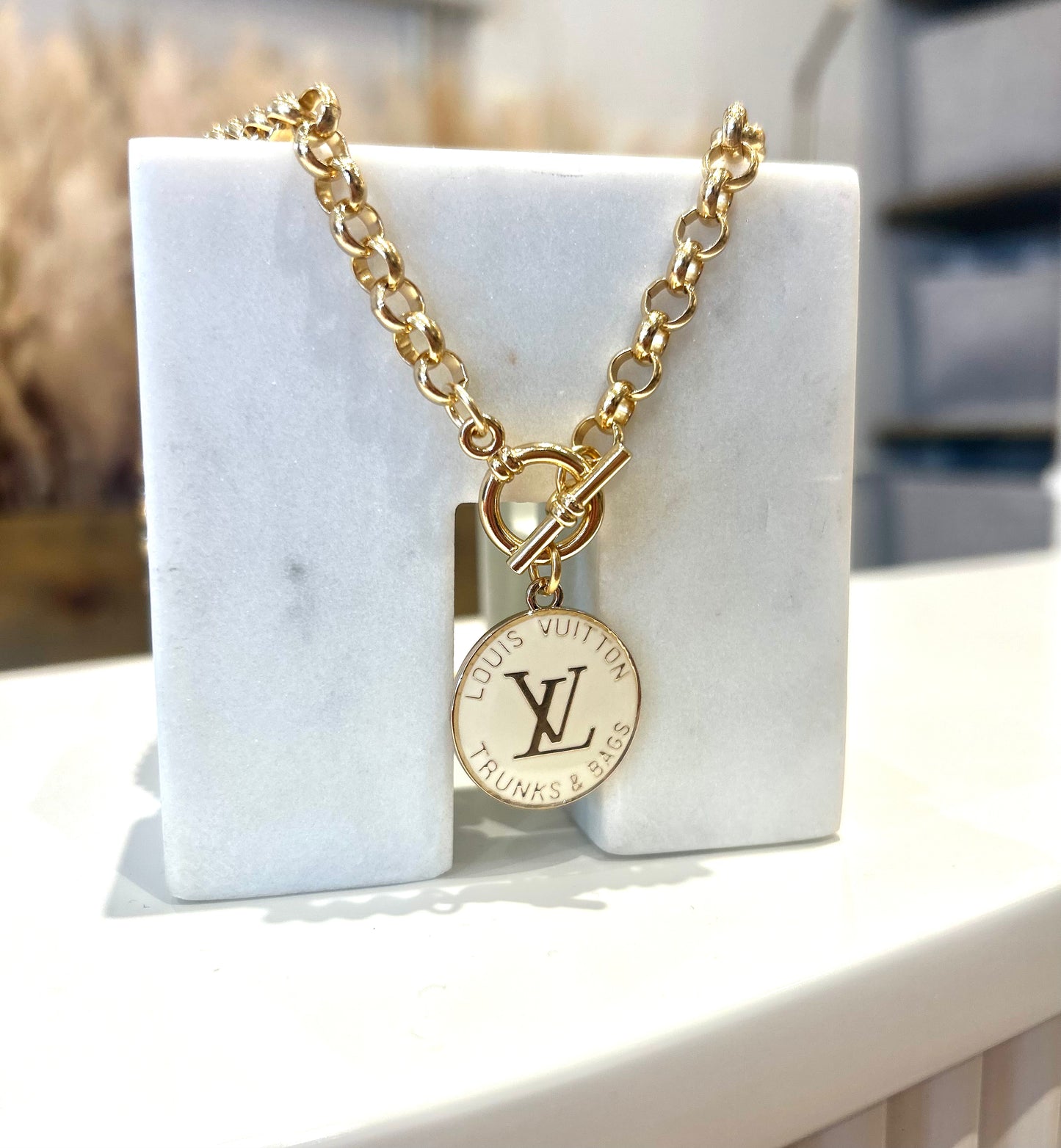 Cream LV Trunks&Bags Gold Toggle Necklace