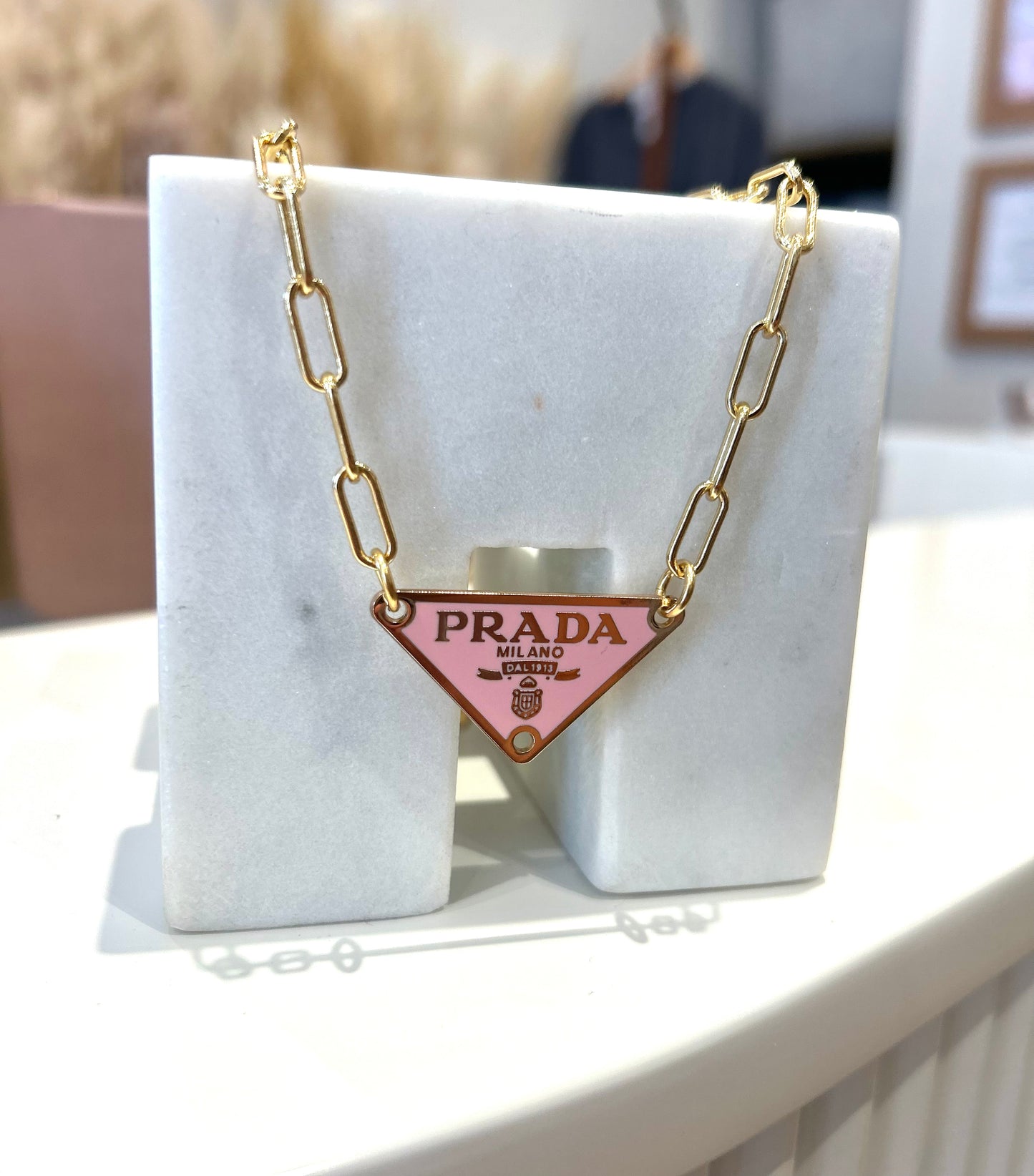 Pink Prada Paperclip Necklace