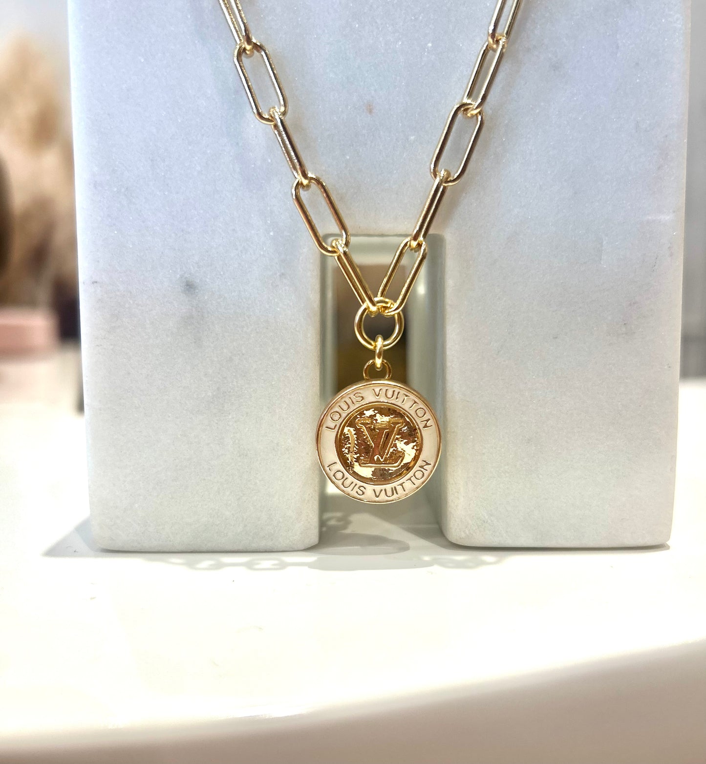 Gold/Cream LV Paperclip Necklace