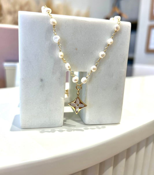 LV Monogram Pearl Gold Necklace
