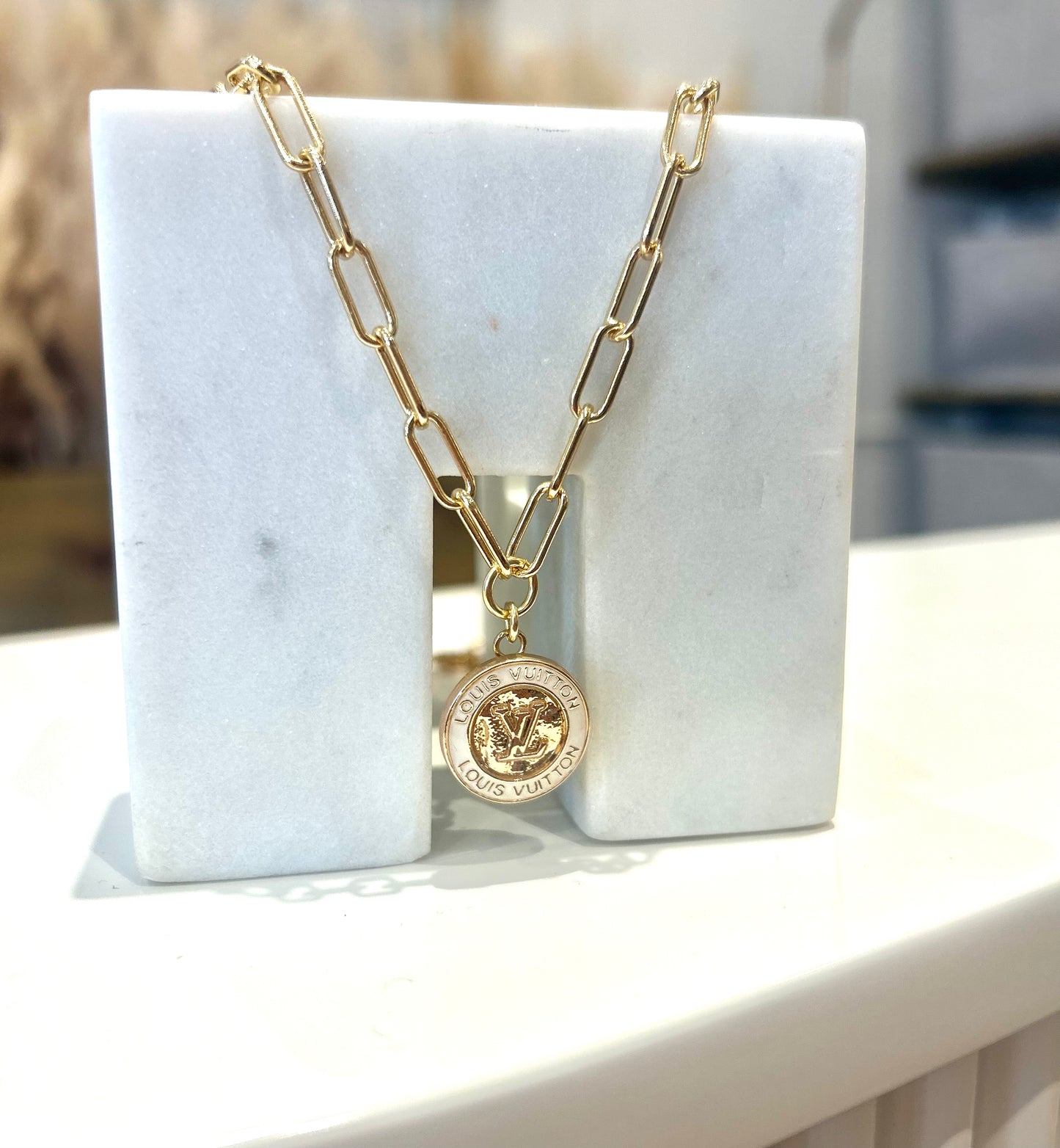 Gold/Cream LV Paperclip Necklace