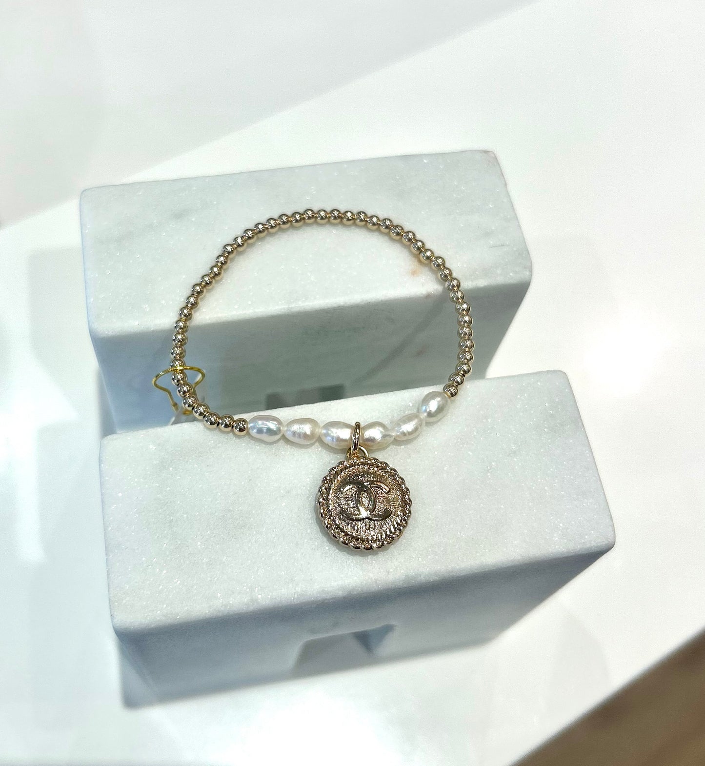 Gold/Pearl CC Stretch Bracelet