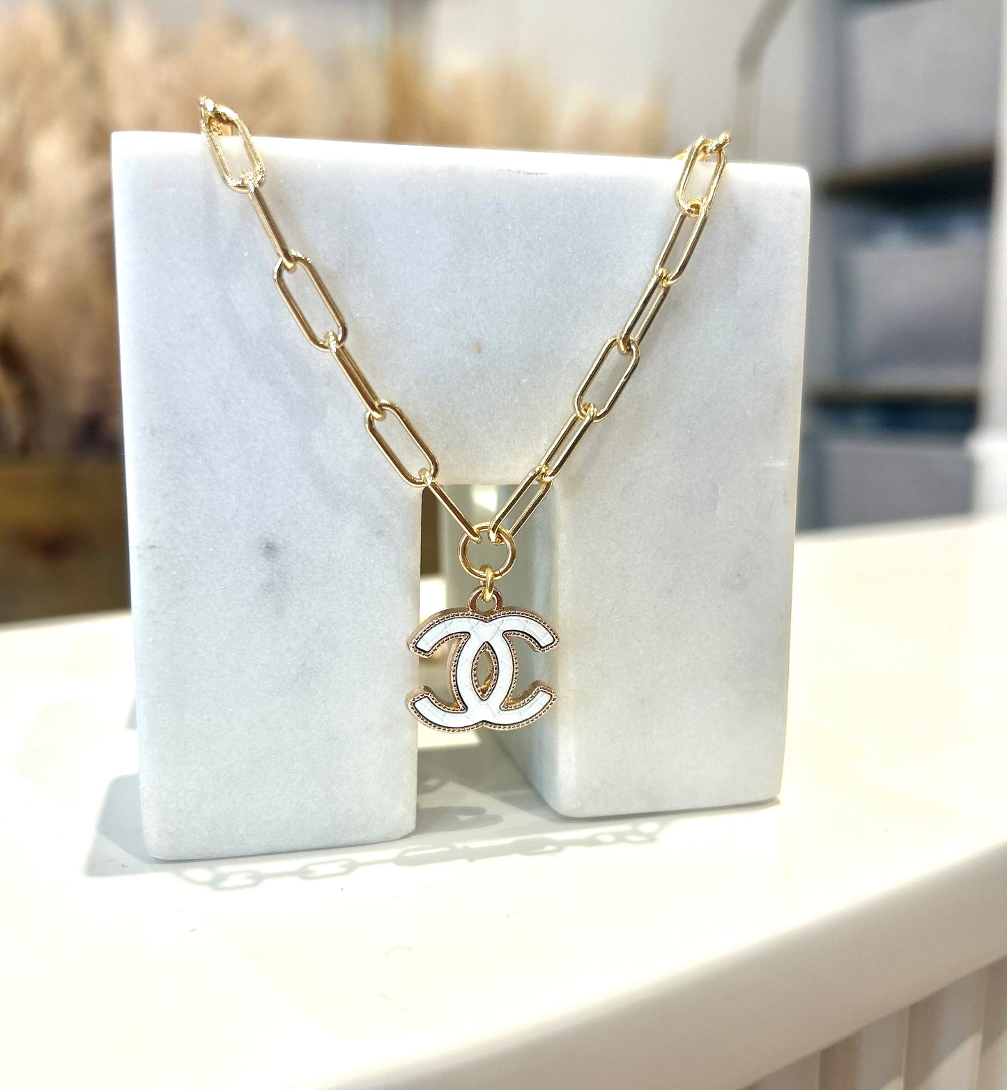 White CC Gold Paperclip Necklace