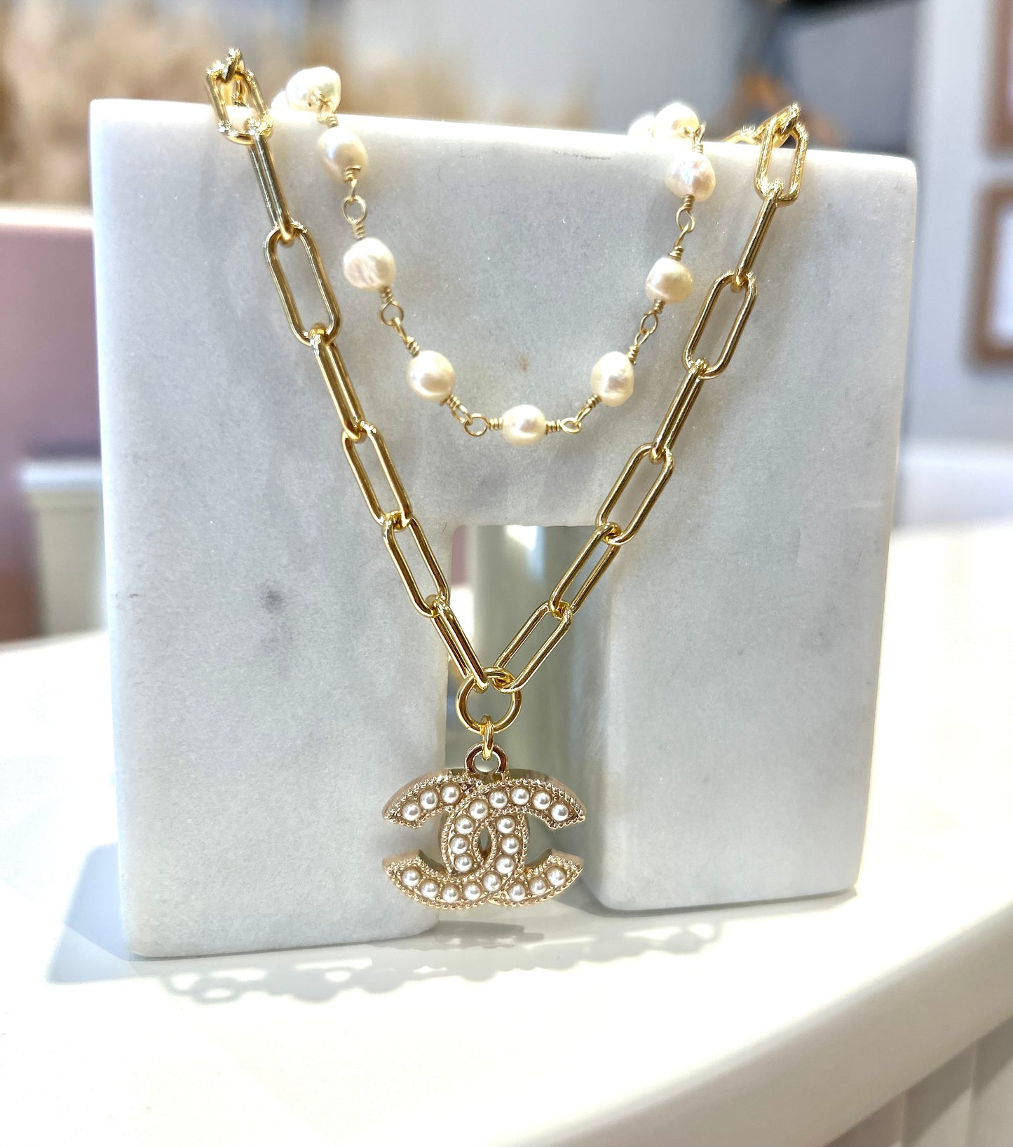Double CC Necklace - Pearl+Paperclip