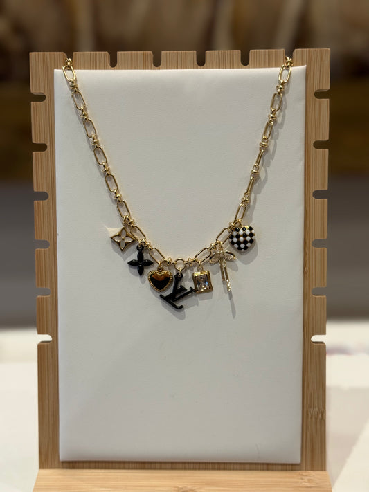 Black LV Logo Gold Charm Necklace