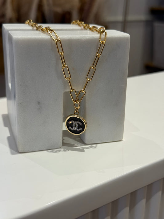 Black Chanel Paperclip Gold Necklace