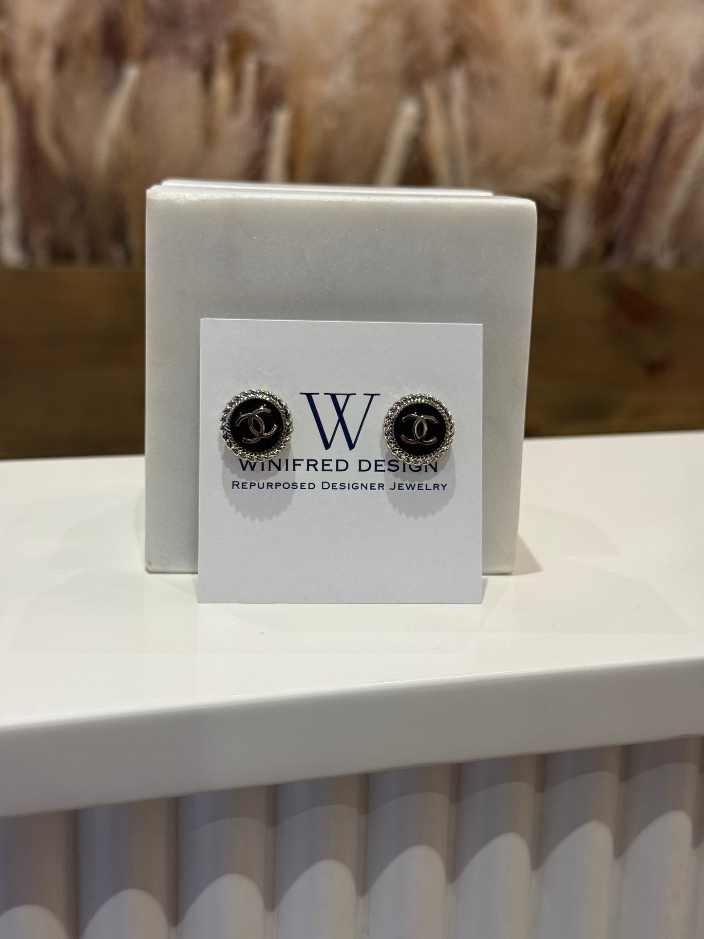 Black Chanel Silver Stud Earrings