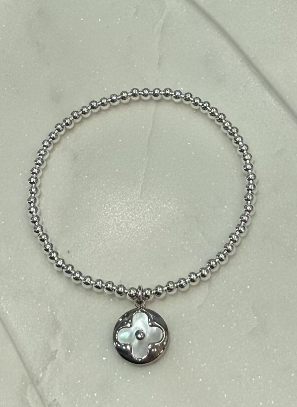 Silver Circle LV Clover Beaded Bracelet