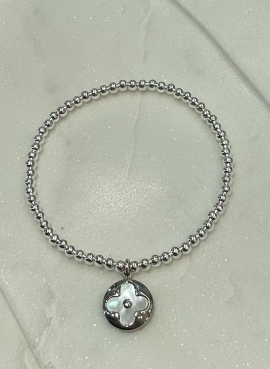 Silver Circle LV Clover Beaded Bracelet