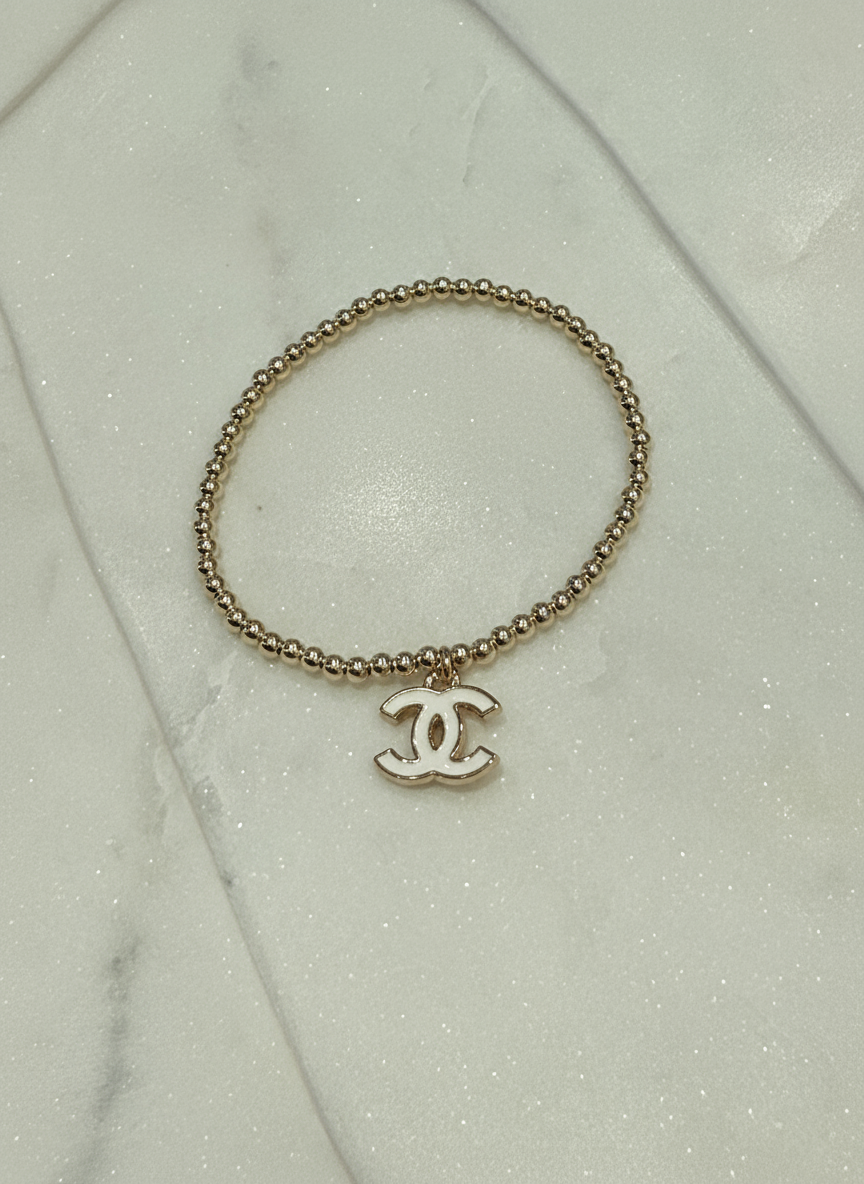 White Chanel Beaded Gold Bracelet