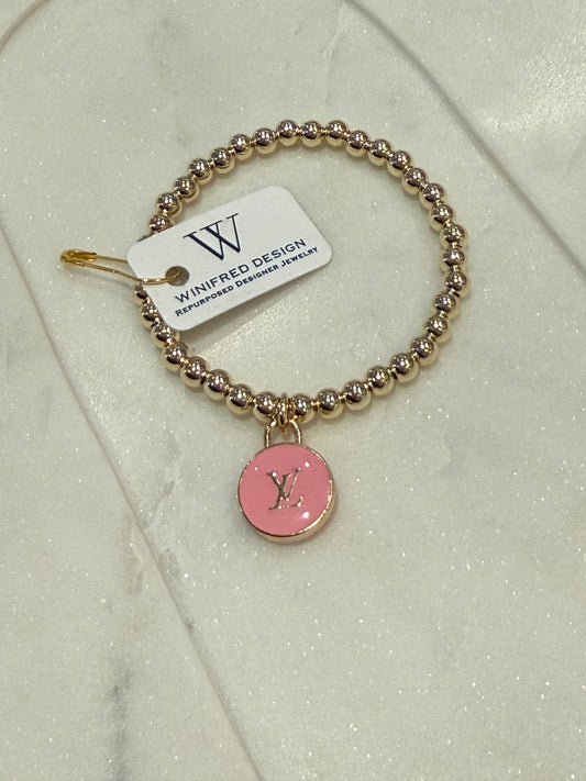 Hot Pink LV Beaded Gold Bracelet