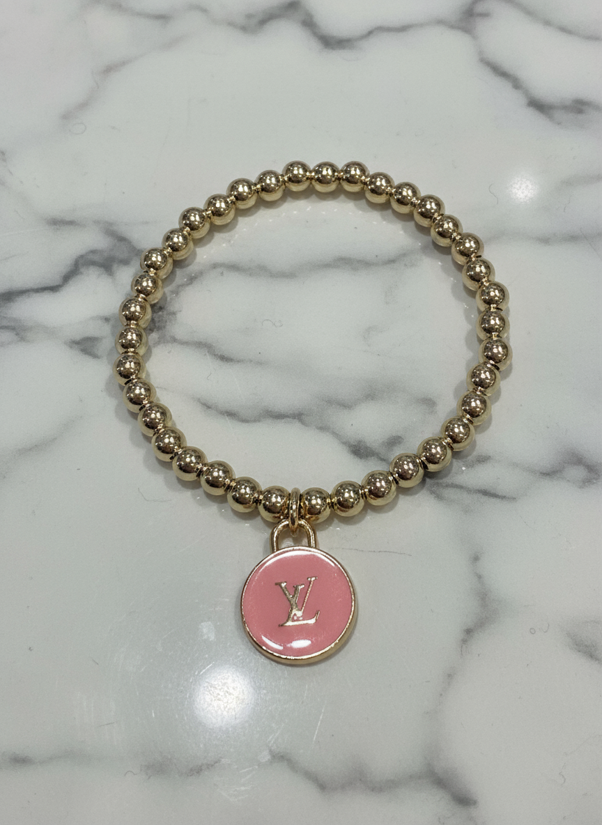 Hot Pink LV Beaded Gold Bracelet