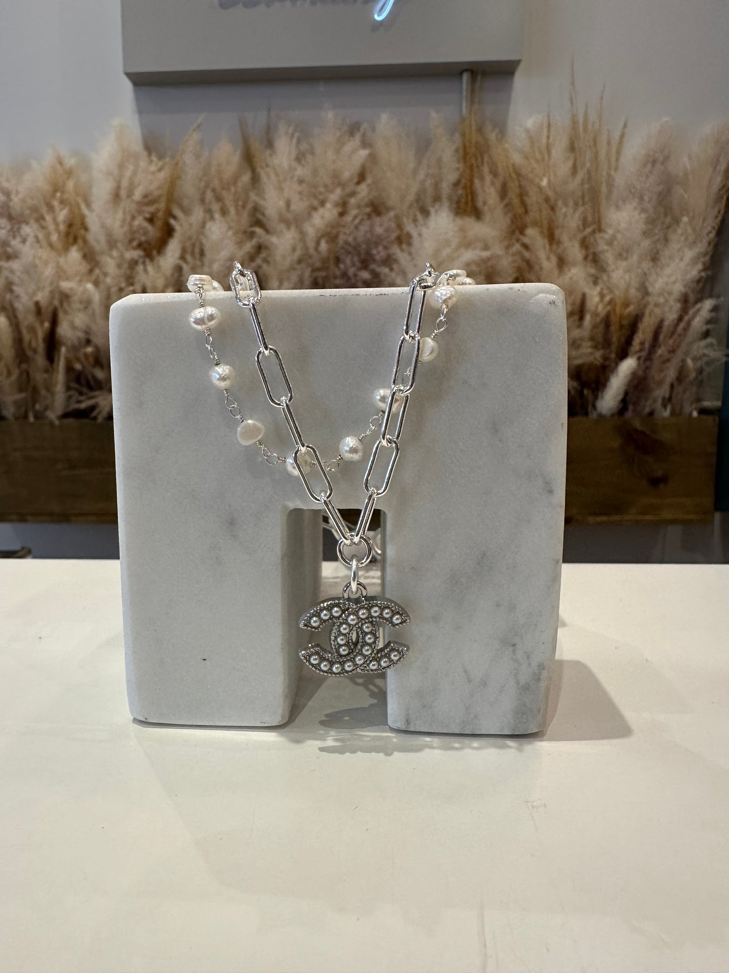 Pearl/Silver Chanel Double Necklace