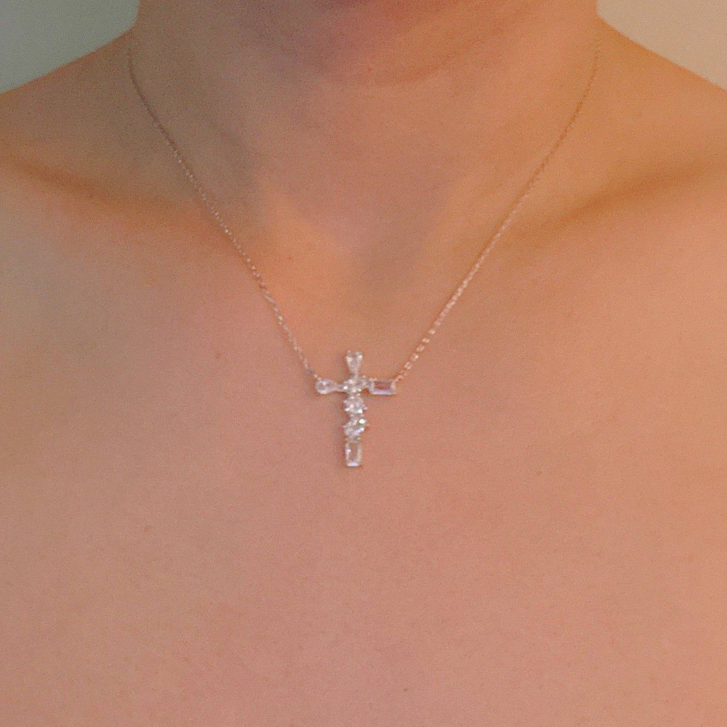 Modern Mixed-Cut Stone Cross Pendant Necklace