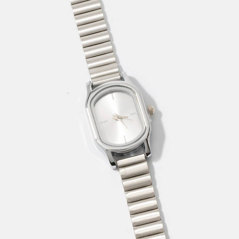 Ribbed Cushion Metallic Band Minimalist Rectangle Watch