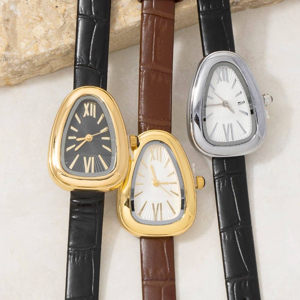 Oval Dome Case Croc Embossed Leather Strap Watch