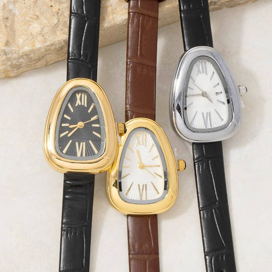Oval Dome Case Croc Embossed Leather Strap Watch