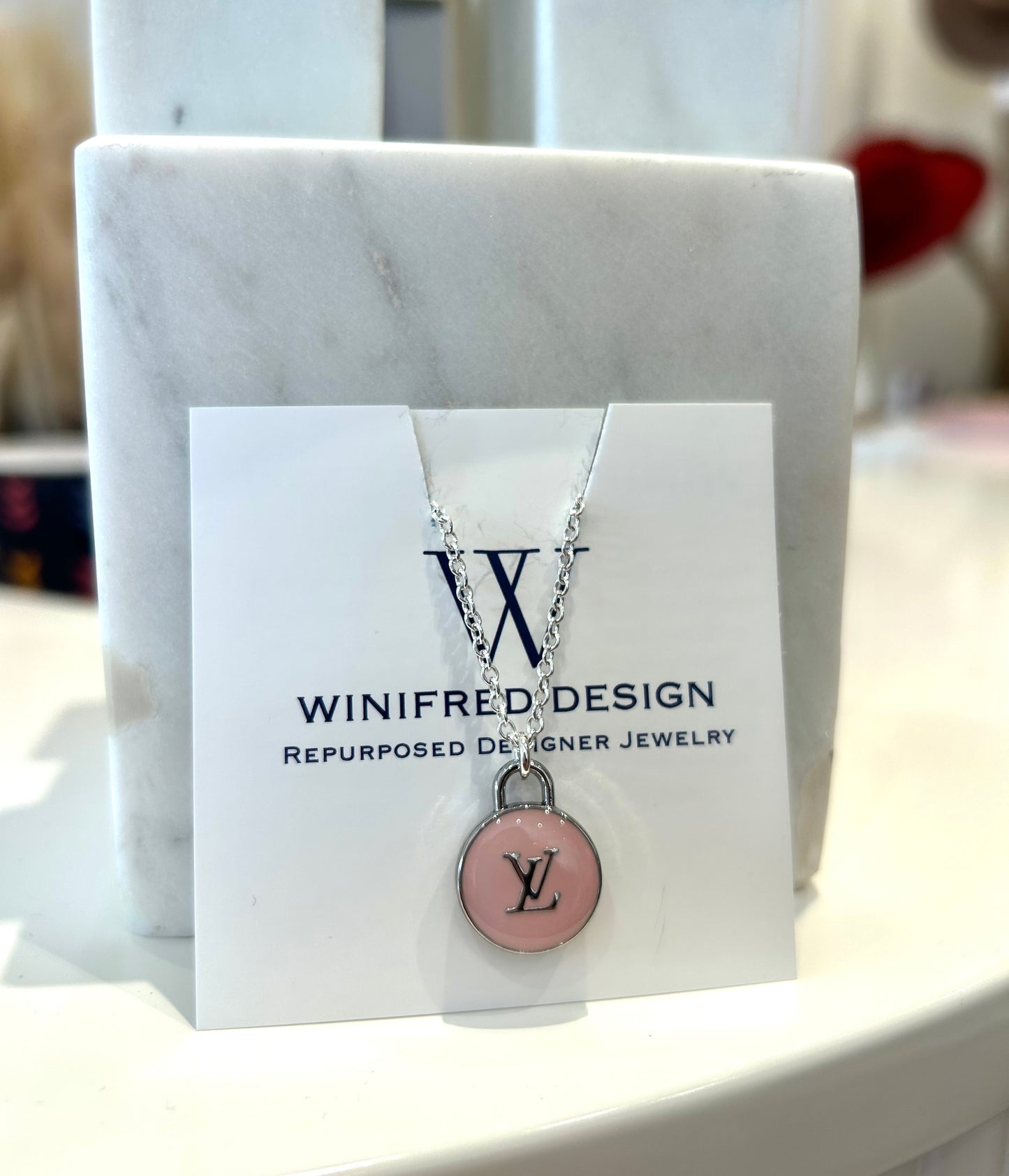 Silver LV Dainty Necklace - Pink
