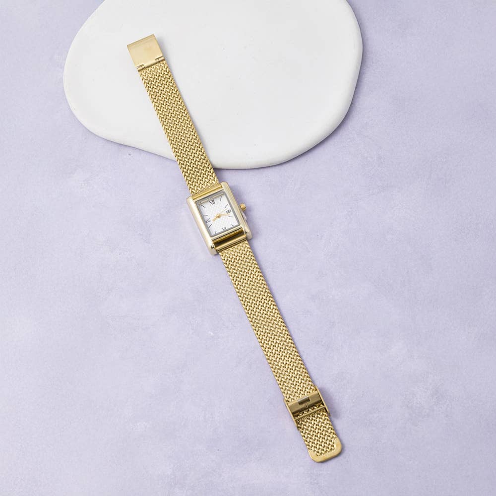 Square Case Mesh Band Roman Numeral Watch