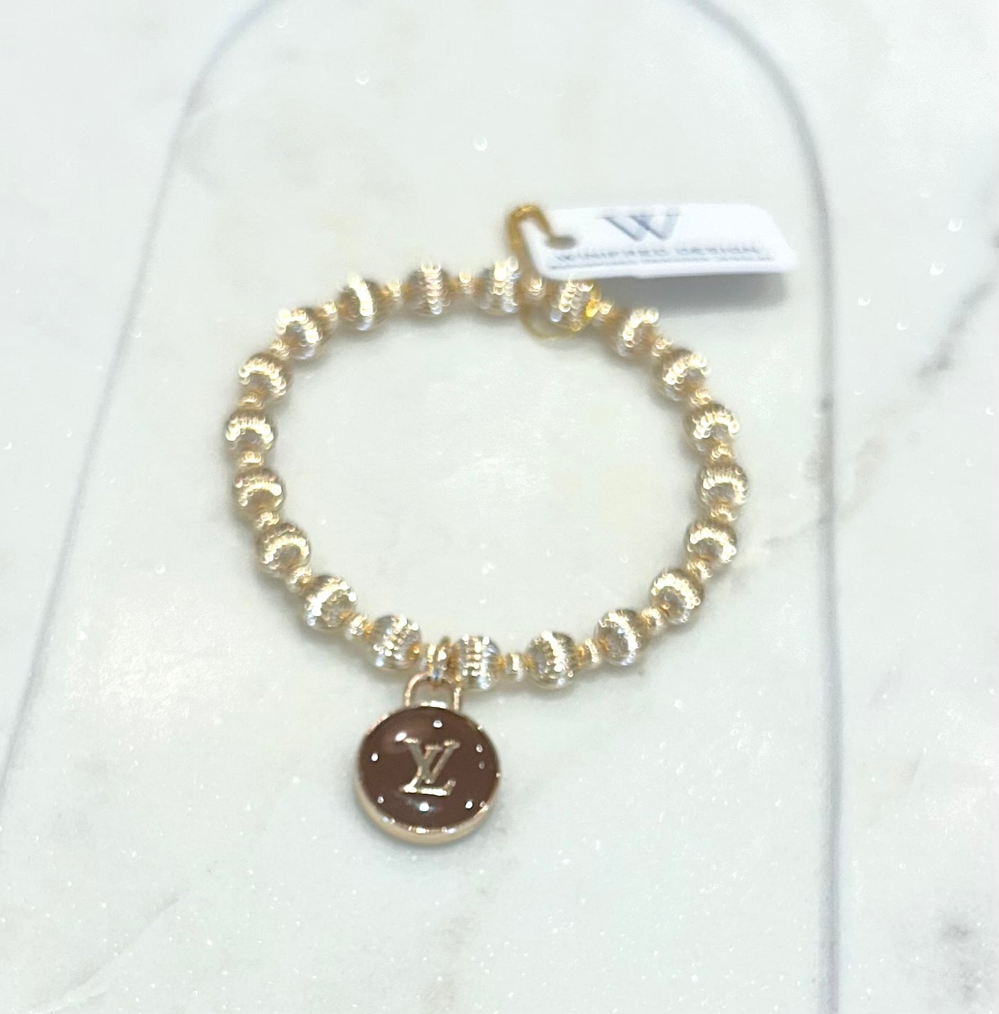 Brown LV Grooved Stretch Bracelet - Gold
