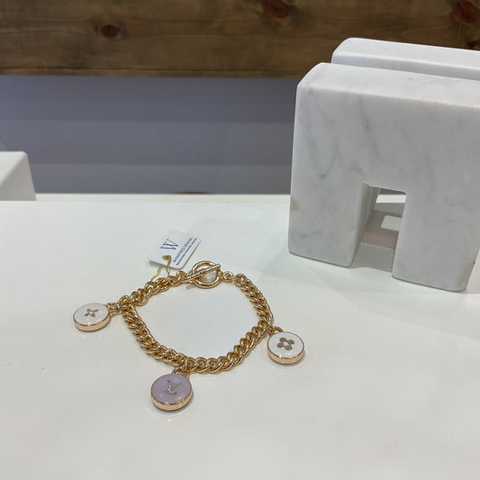 Gold Cuban Bracelet - White & Lilac LV pendants