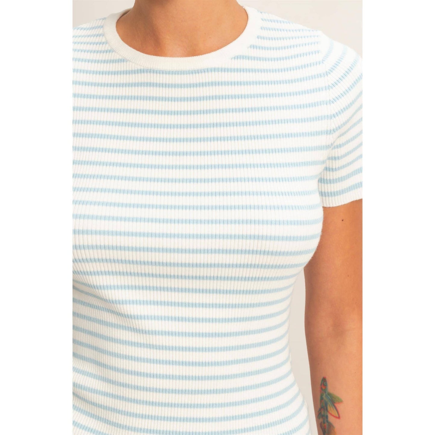 Annie Striped Ribbed Short Sleeve Crew Neck Knit Top