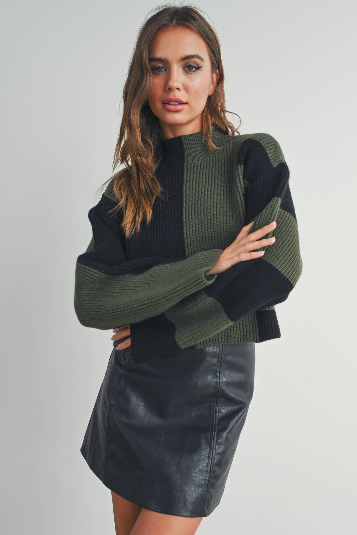 Color Block Mock Turtleneck Sweater
