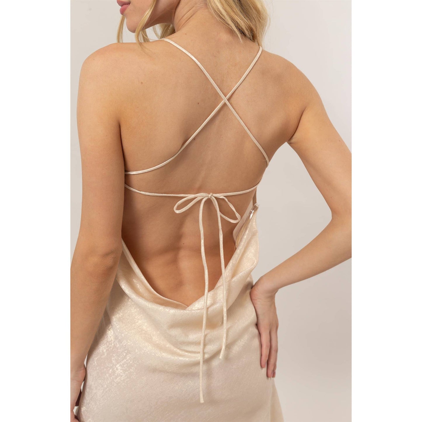 Metallic Cross-Back Satin Slip Mini Dress